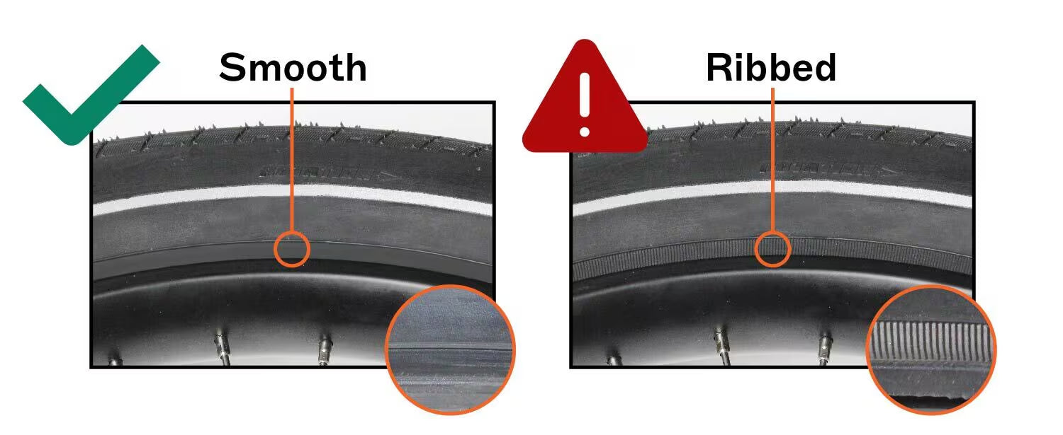 If your tire is identified with a ribbed sidewall, as indicated by the Red Triangle, your RadWagon 4 is affected by this recall.