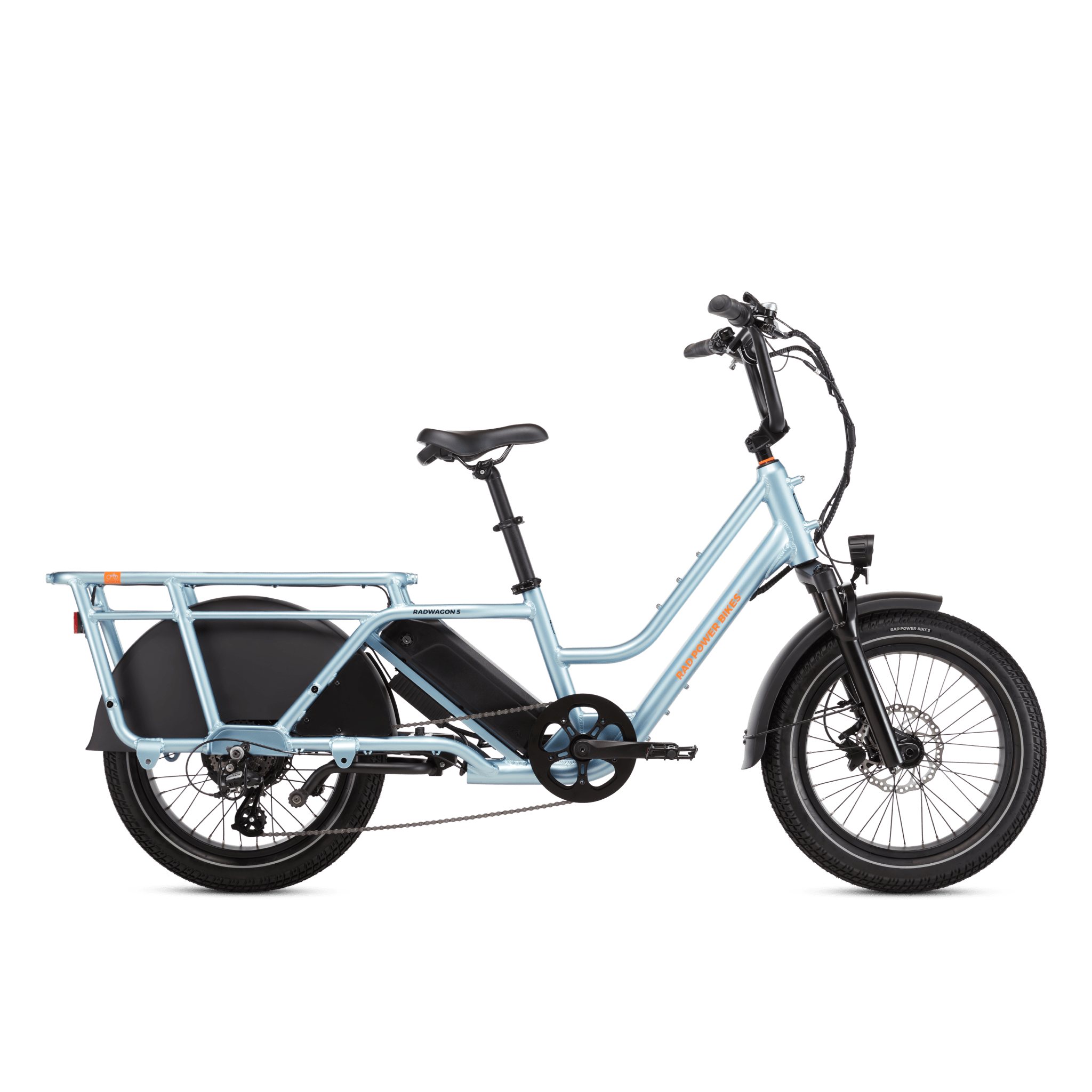 Right side view of a Metallic Blue RadWagon 5 electric cargo bike