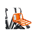 Close up of orange Front Rack attached to a white ebike.