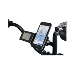 Close up picture of gub pro cell phone mount on bicycle riser handlebars next to ebike display with turned on phone in mount