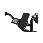 Close up picture of gub pro cell phone mount on bicycle riser handlebars next to ebike display with phone in mount