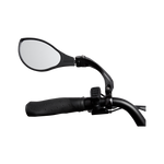 Close up photo of Rad Power Bikes Rad Mirror mounted on left side of electric bike handlebar inboard of grip, brake level, and assist level controller.