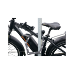 Close up side view of ABUS Bordo Granit X-Plus 6500 Folding Lock safely locking an ebike through the frame to a bike rack.