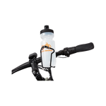 Close-up of the Water Bottle Holder mounted on the handlebars and holding a Water Bottle (sold separately)