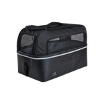 A black rectangular bag with see through screens, a handle and zipper. 