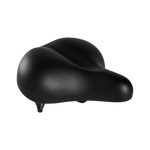 A close-up view of a matte black Enhanced Comfort Saddle, a wide and cushy bike saddle