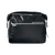 Close up view of a black Ballard Cargo Bag's front side. The top is rolled closed with carrying handle tight across the bag. The front features a silver reflective strip.