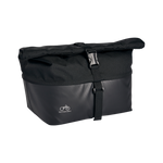 3/4 view close-up of the Small Basket Roll Top Liner. The bag is rolled up and fastened with its buckle.