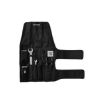 Close-up of the Roadside Repair Tool Kit unrolled, showing tools in place and the QR code to scan to go to our online help center.