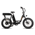 Side view of black RadRunner ebike with black Passenger Package seat on rear rack, clear plastic skirt covers near the rear wheel and retractable passenger foot pegs.