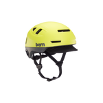 Side view of a hyper green Hudson MIPS bike helmet with a black visor