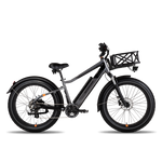 Side view of ebike with Large Basket attached  to a Front Rack. The basket is perpendicular to the ebike.