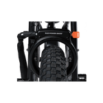 Rad Fat Tire Wheel Lock installed on an ebike, showing the orange key and with the optional security chain attached.