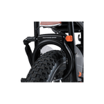 Rad Fat Tire Wheel Lock installed on an ebike, showing the orange key and with the optional security chain attached.