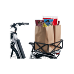 Top and side section view of Large Basket attached to the rear rack of a white ebike. The basket is perpendicular to the ebike and holds two fully-loaded large paper bags of groceries.
