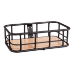 Large black basket with a wooden base