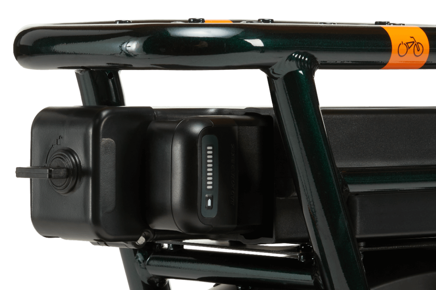 Right side of a deep emerald green RadRunner cargo utility ebike on a white background.