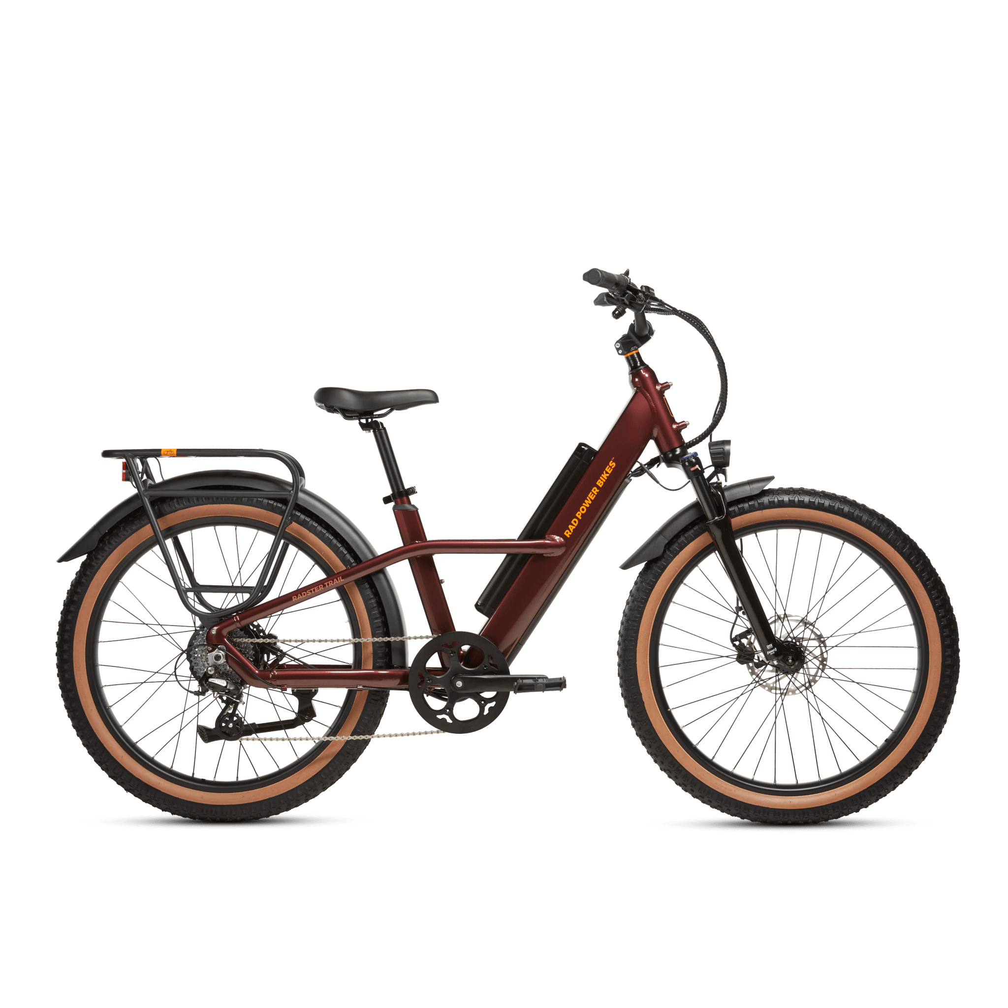 Right side view of the Copper Red Radster Trail electric off-road bike in size large