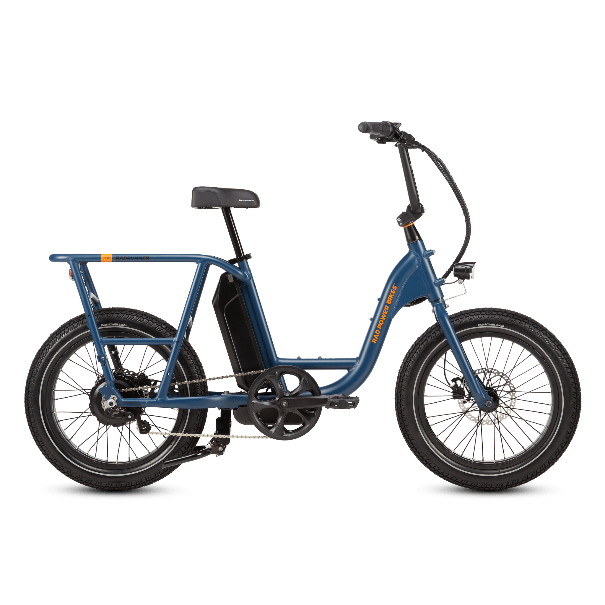 Right side of a blue RadRunner cargo utility ebike on a white background.