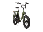 Right angle of a green RadRunner electric cargo utility bike on a white background.