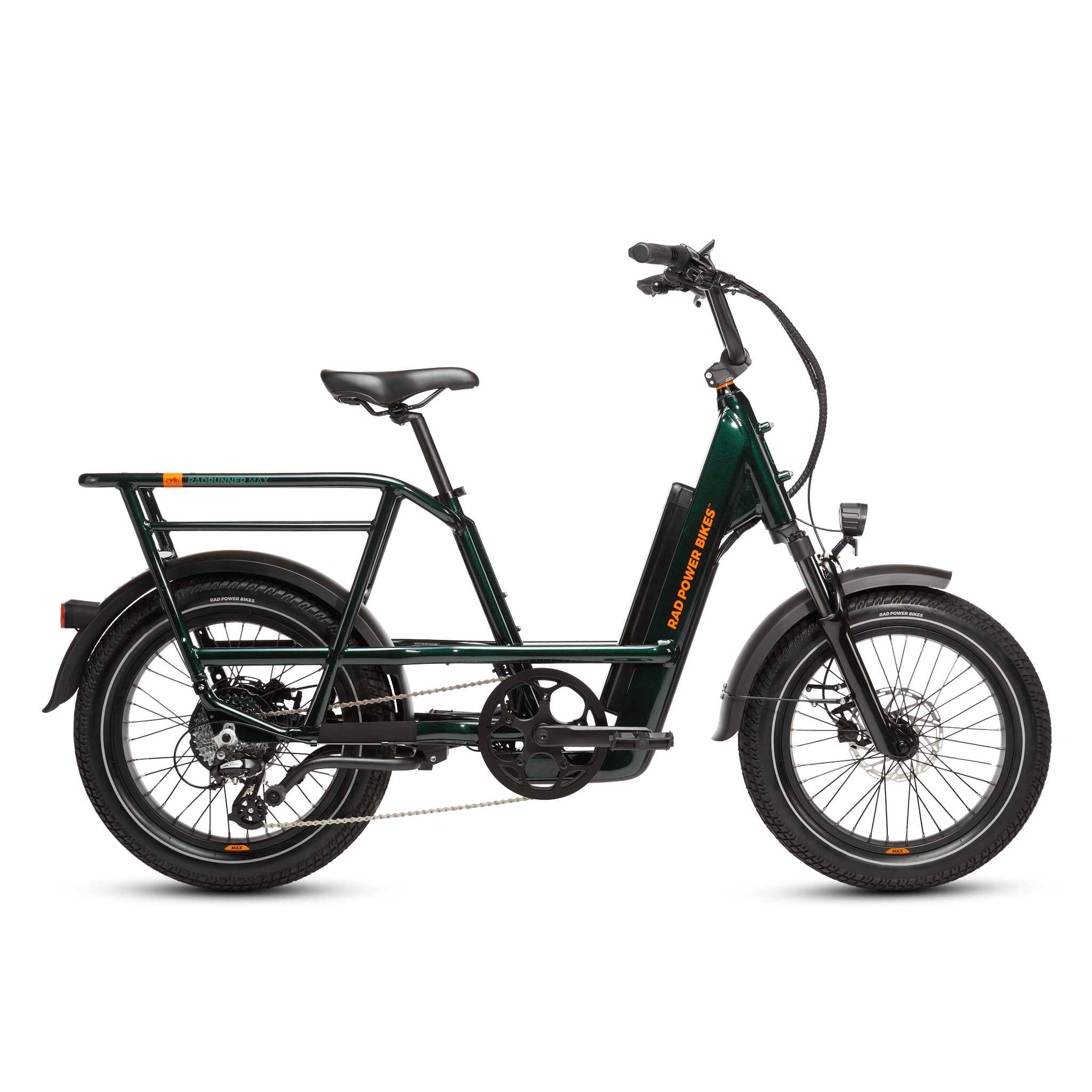 Right side of a deep emerald green RadRunner cargo utility ebike on a white background.