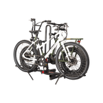 View of two ebikes on Hollywood Racks RV Rider Rack on plain background